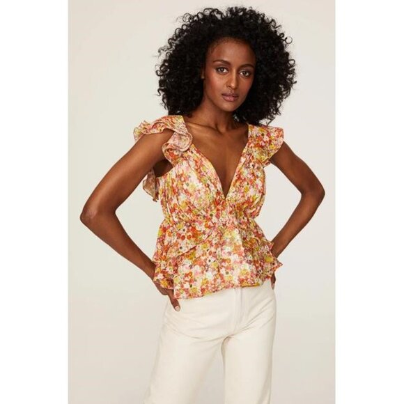 SLATE & WILLOW Women's Flutter Sleeve Tie Back Top Size L In Multicolor - Picture 1 of 13